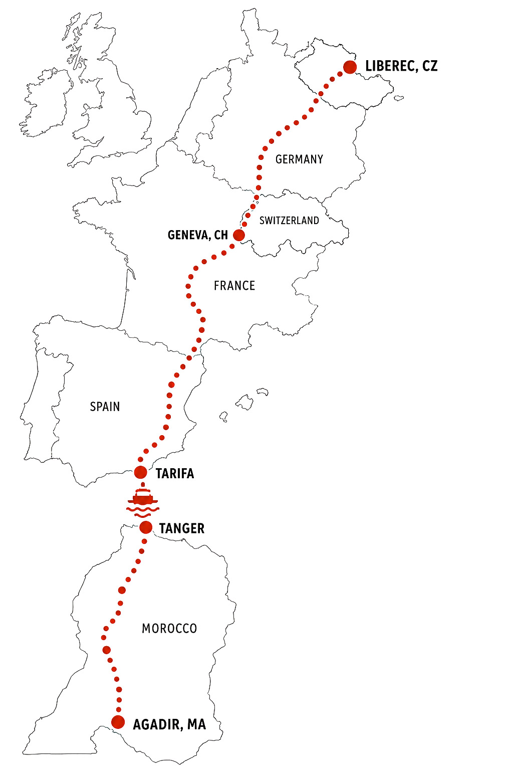 Map of the world with a dotted line connecting various locations